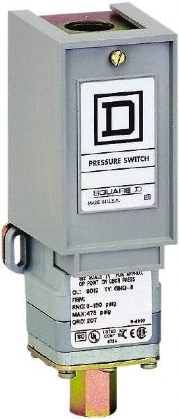Square D - 1 NEMA Rated, SPDT, 3 to 150 psi, Electromechanical Pressure and Level Switch - Adjustable Pressure, 120 VAC at 6 Amp, 125 VDC at 0.22 Amp, 240 VAC at 3 Amp, 250 VDC at 0.27 Amp, 1/2 Inch Connector, Screw Terminal, For Use with 9012G - Exact Industrial Supply