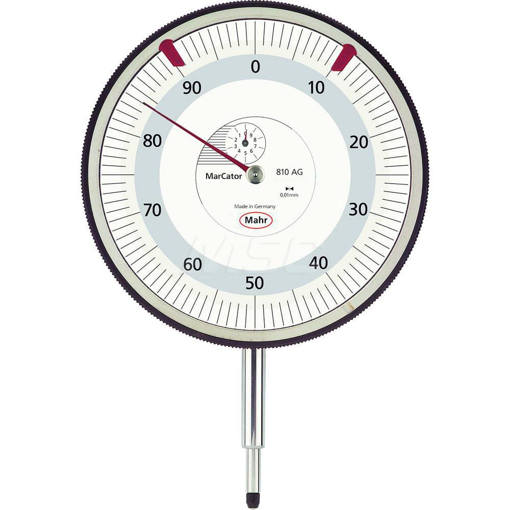 Mahr - Dial Drop Indicators; Maximum Measurement (Inch): 0.4 ; Maximum Measurement (mm): 10 ; Dial Graduation (mm): 0.0100 ; Dial Graduation (Decimal Inch): 0.000400 ; Dial Reading: 0-100 ; Dial Diameter (mm): 112.00 - Exact Industrial Supply