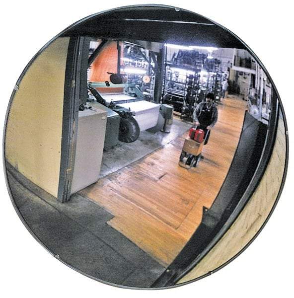 PRO-SAFE - Outdoor Round Convex Safety, Traffic & Inspection Mirrors - Glass Lens, Laminated Hardboard Backing, 36" Diam x 2-3/8" High, 32' Max Covered Distance - Exact Industrial Supply