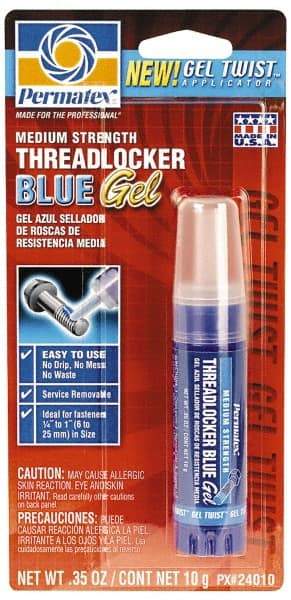 Permatex - 10 Gal Tube, Blue, Medium Strength Gel Threadlocker - Series 240, 24 hr Full Cure Time, Hand Tool Removal - Exact Industrial Supply