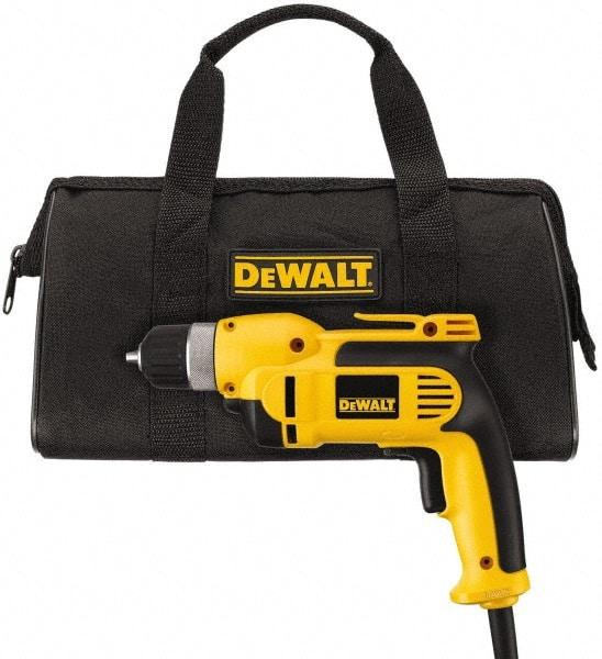 DeWALT - 3/8" Keyless Chuck, 2,500 RPM, Pistol Grip Handle Electric Drill - 8 Amps, Reversible, Includes Kit Box - Exact Industrial Supply