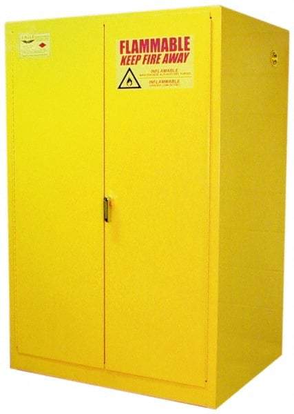 Eagle - 2 Door, 2 Shelf, Yellow Steel Standard Safety Cabinet for Flammable and Combustible Liquids - 65" High x 43" Wide x 34" Deep, Manual Closing Door, 3 Point Key Lock, 90 Gal Capacity - Exact Industrial Supply