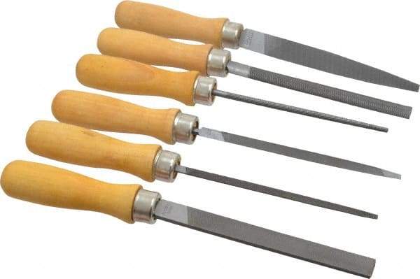 Nicholson - 6 Piece American Pattern File Set - 4" Long, Bastard Coarseness, Set Includes Half Round, Hand, Round, Slim Taper, Square, Warding - Exact Industrial Supply