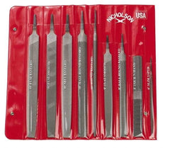 Nicholson - 9 Piece American Pattern File Set - 6", 8", 10" Long, Bastard/Smooth Coarseness, Set Includes Flat, Half Round, Mill, Round, Slim Taper - Exact Industrial Supply