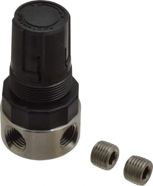 Parker - 1/4 NPT Port, 12 CFM, Stainless Steel Miniature Regulator - 0 to 125 psi Range, 300 Max psi Supply Pressure, 1/4" Gauge Port Thread, 1.56" Wide x 3.06" High - Exact Industrial Supply