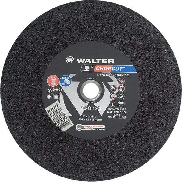 WALTER Surface Technologies - 12" 30 Grit Aluminum Oxide Cutoff Wheel - 3/32" Thick, 1" Arbor, 5,100 Max RPM, Use with Chop Saws - Exact Industrial Supply