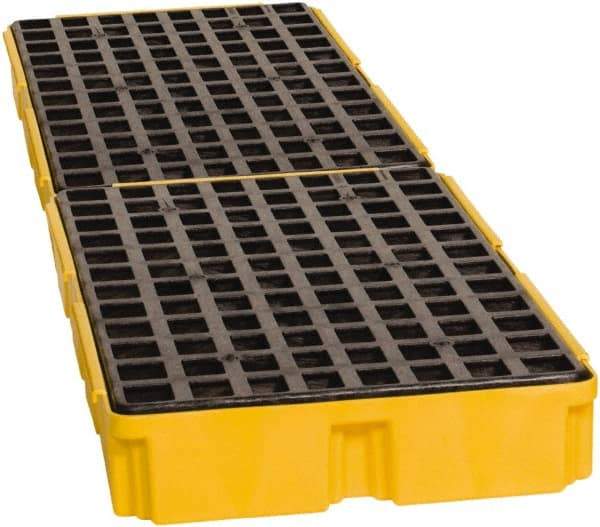 Eagle - 61 Gal Sump, 8,000 Lb Capacity, 4 Drum, Polyethylene Spill Deck or Pallet - 103-1/2" Long x 26-1/2" Wide x 6-1/2" High, Yellow, Drain Included, Low Profile, Vertical, Inline Drum Configuration - Exact Industrial Supply