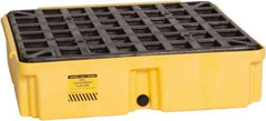Eagle - 12 Gal Sump, 2,000 Lb Capacity, 1 Drum, Polyethylene Spill Deck or Pallet - 26-1/4" Long x 26" Wide x 6-1/2" High, Yellow, Drain Included, Low Profile, Vertical, Inline Drum Configuration - Exact Industrial Supply