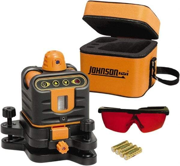 Johnson Level & Tool - 800' (Exterior) Measuring Range, 1/4" at 100' Accuracy, Manual-Leveling Rotary Laser - 150 to 300 RPM, 2 Beams, AA Battery Included - Exact Industrial Supply