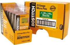 Stanley Bostitch - 23 Gauge 0.0281" Shank Diam 1" Long Pin Nails for Power Nailers - Steel, Bright Finish, Smooth Shank, Straight Stick Adhesive Collation, Round Head, Diamond Point - Exact Industrial Supply