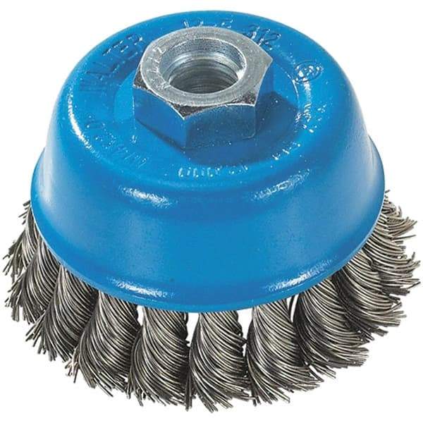 WALTER Surface Technologies - 3" Diam, 5/8-11 Threaded Arbor, Stainless Steel Fill Cup Brush - 0.015 Wire Diam, 12,000 Max RPM - Exact Industrial Supply