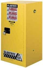 Justrite - 1 Door, 1 Shelf, Yellow Steel Space Saver Safety Cabinet for Flammable and Combustible Liquids - 44" High x 23-1/4" Wide x 18" Deep, Manual Closing Door, 15 Gal Capacity - Exact Industrial Supply