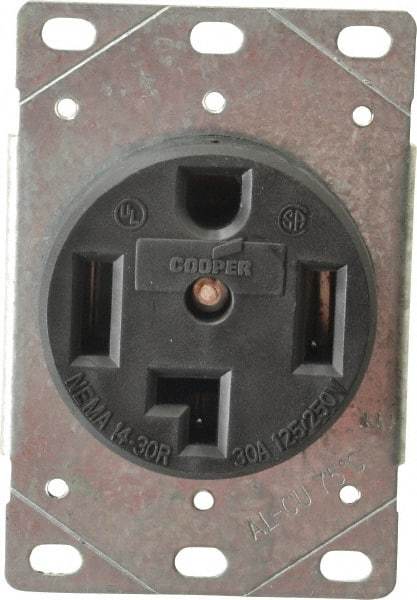 Cooper Wiring Devices - 125/250 VAC, 30 Amp, 14-30R NEMA Configuration, Black, Specification Grade, Ungrounded Single Receptacle - 1 Phase, 3 Poles, 3 Wire, Flush Mount, Corrosion Resistant - Exact Industrial Supply