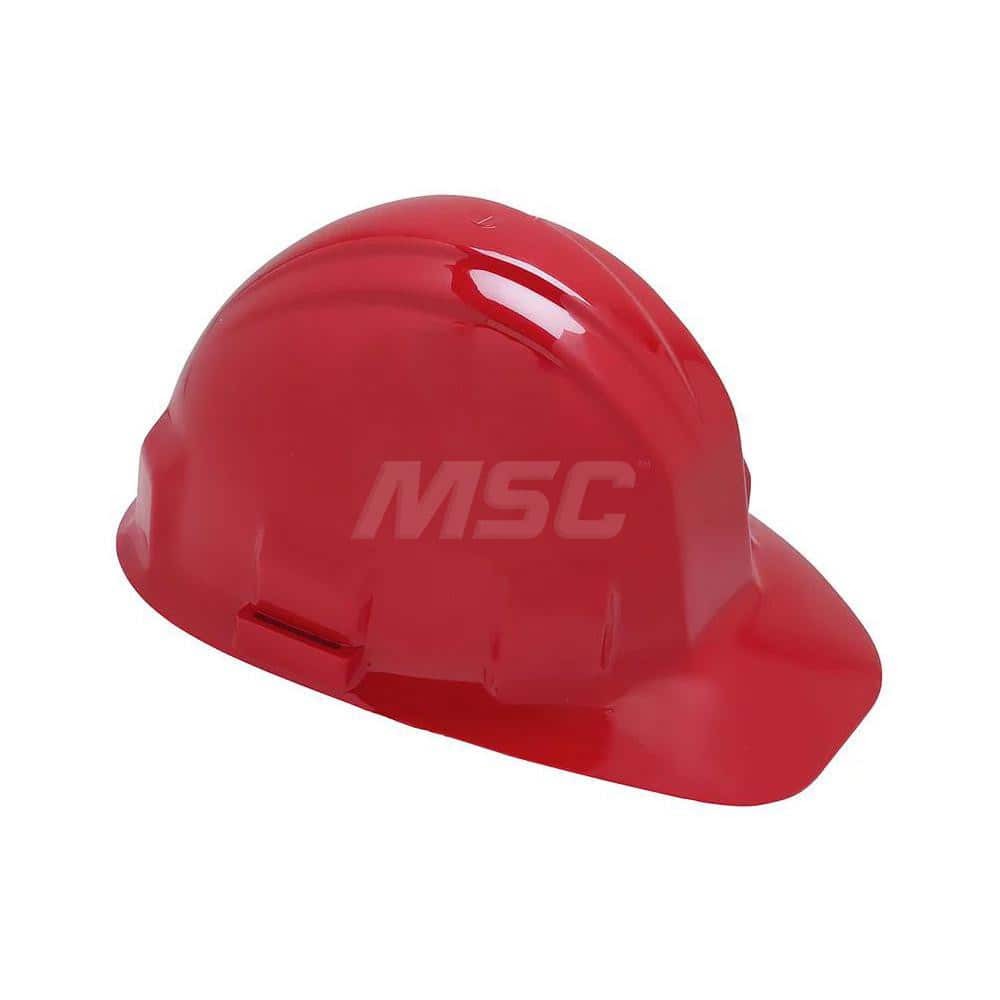 Hard Hat: Class E, 6-Point Suspension Red, Plastic, Slotted