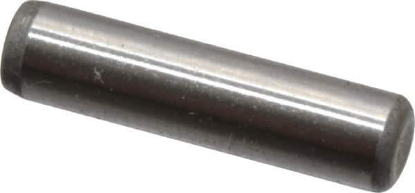 Made in USA - 1/8" Diam x 1/2" Pin Length Grade 8 Alloy Steel Standard Dowel Pin - Bright Finish, C 47-58 & C 60 (Surface) Hardness, 1,840 Lb (Single Shear), 3,680 Lb (Double Shear) Breaking Strength, 1 Beveled & 1 Rounded End - Exact Industrial Supply