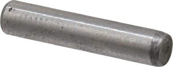 Made in USA - 1/8" Diam x 5/8" Pin Length Grade 8 Alloy Steel Standard Dowel Pin - Bright Finish, C 47-58 & C 60 (Surface) Hardness, 1,840 Lb (Single Shear), 3,680 Lb (Double Shear) Breaking Strength, 1 Beveled & 1 Rounded End - Exact Industrial Supply