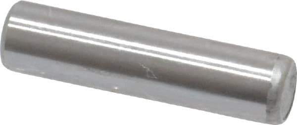 Made in USA - 3/16" Diam x 3/4" Pin Length Grade 8 Alloy Steel Standard Dowel Pin - Bright Finish, C 47-58 & C 60 (Surface) Hardness, 4,150 Lb (Single Shear), 8,300 Lb (Double Shear) Breaking Strength, 1 Beveled & 1 Rounded End - Exact Industrial Supply