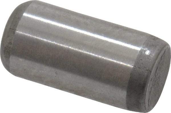 Made in USA - 1/4" Diam x 1/2" Pin Length Grade 8 Alloy Steel Standard Dowel Pin - Bright Finish, C 47-58 & C 60 (Surface) Hardness, 14,720 Lb (Double Shear), 7,360 Lb (Single Shear) Breaking Strength, 1 Beveled & 1 Rounded End - Exact Industrial Supply