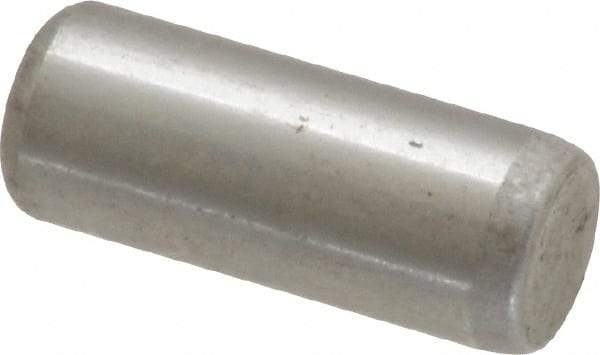 Made in USA - 1/4" Diam x 5/8" Pin Length Grade 8 Alloy Steel Standard Dowel Pin - Bright Finish, C 47-58 & C 60 (Surface) Hardness, 14,720 Lb (Double Shear), 7,360 Lb (Single Shear) Breaking Strength, 1 Beveled & 1 Rounded End - Exact Industrial Supply