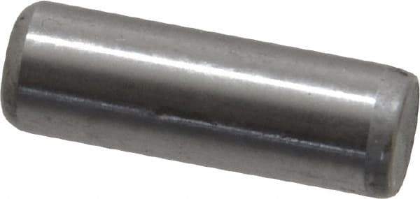 Made in USA - 1/4" Diam x 3/4" Pin Length Grade 8 Alloy Steel Standard Dowel Pin - Bright Finish, C 47-58 & C 60 (Surface) Hardness, 14,720 Lb (Double Shear), 7,360 Lb (Single Shear) Breaking Strength, 1 Beveled & 1 Rounded End - Exact Industrial Supply
