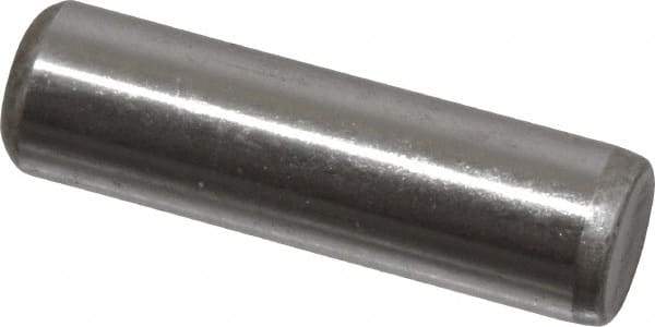 Made in USA - 1/4" Diam x 7/8" Pin Length Grade 8 Alloy Steel Standard Dowel Pin - Bright Finish, C 47-58 & C 60 (Surface) Hardness, 14,720 Lb (Double Shear), 7,360 Lb (Single Shear) Breaking Strength, 1 Beveled & 1 Rounded End - Exact Industrial Supply