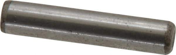Made in USA - 1/4" Diam x 1-1/4" Pin Length Grade 8 Alloy Steel Standard Dowel Pin - Bright Finish, C 47-58 & C 60 (Surface) Hardness, 14,720 Lb (Double Shear), 7,360 Lb (Single Shear) Breaking Strength, 1 Beveled & 1 Rounded End - Exact Industrial Supply