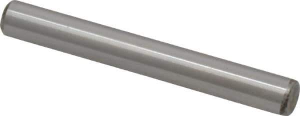 Made in USA - 1/4" Diam x 2" Pin Length Grade 8 Alloy Steel Standard Dowel Pin - Bright Finish, C 47-58 & C 60 (Surface) Hardness, 14,720 Lb (Double Shear), 7,360 Lb (Single Shear) Breaking Strength, 1 Beveled & 1 Rounded End - Exact Industrial Supply