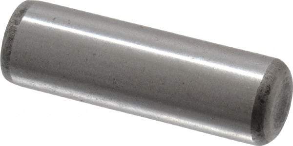 Made in USA - 5/16" Diam x 1" Pin Length Grade 8 Alloy Steel Standard Dowel Pin - Bright Finish, C 47-58 & C 60 (Surface) Hardness, 11,500 Lb (Single Shear), 23,000 Lb (Double Shear) Breaking Strength, 1 Beveled & 1 Rounded End - Exact Industrial Supply