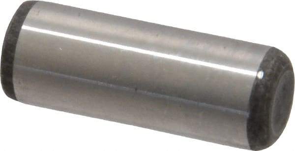 Made in USA - 3/8" Diam x 1" Pin Length Grade 8 Alloy Steel Standard Dowel Pin - Bright Finish, C 47-58 & C 60 (Surface) Hardness, 16,550 Lb (Single Shear), 33,100 Lb (Double Shear) Breaking Strength, 1 Beveled & 1 Rounded End - Exact Industrial Supply