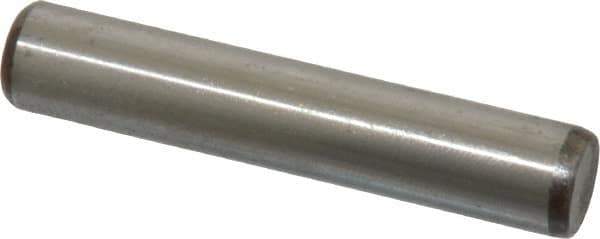 Made in USA - 3/8" Diam x 2" Pin Length Grade 8 Alloy Steel Standard Dowel Pin - Bright Finish, C 47-58 & C 60 (Surface) Hardness, 16,550 Lb (Single Shear), 33,100 Lb (Double Shear) Breaking Strength, 1 Beveled & 1 Rounded End - Exact Industrial Supply