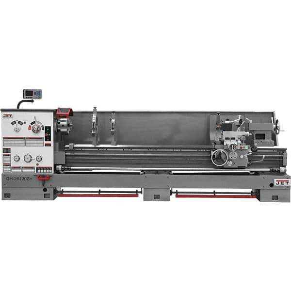 Jet - 26" Swing, 120" Between Centers, 230 Volt, Triple Phase Engine Lathe - 6MT Taper, 10 hp, 40 to 1,800 RPM, 4-1/8" Bore Diam, 43" Deep x 57" High x 177" Long - Exact Industrial Supply