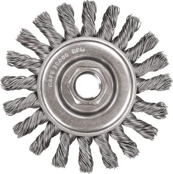 DeWALT - 5" OD, 5/8-11 Arbor Hole, Knotted Stainless Steel Wheel Brush - 3/8" Face Width, 7/8" Trim Length, 0.02" Filament Diam, 12,000 RPM - Exact Industrial Supply