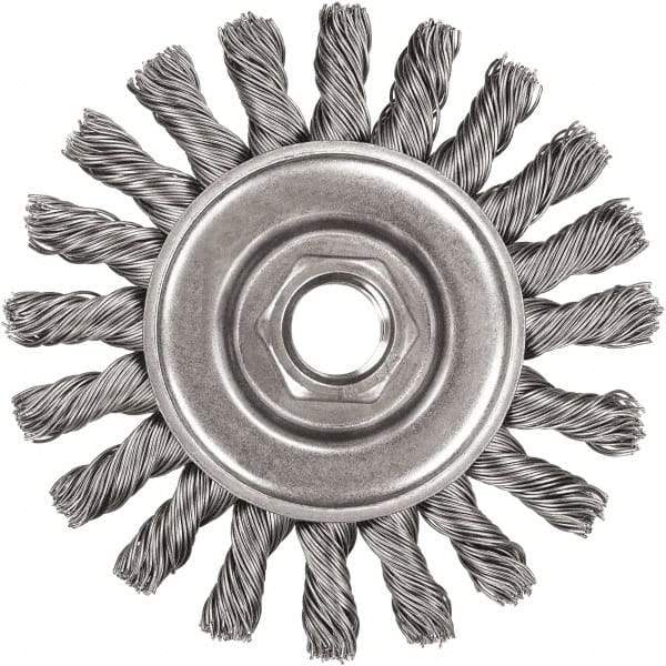 DeWALT - 4" OD, 5/8-11 Arbor Hole, Knotted Steel Wheel Brush - 3/8" Face Width, 7/8" Trim Length, 0.02" Filament Diam, 20,000 RPM - Exact Industrial Supply