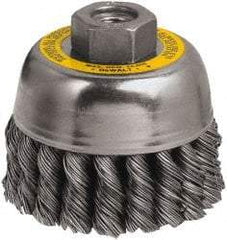 DeWALT - 3" Diam, M10x1.25 Threaded Arbor, Steel Fill Cup Brush - 0.02 Wire Diam, 7/8" Trim Length, 14,000 Max RPM - Exact Industrial Supply