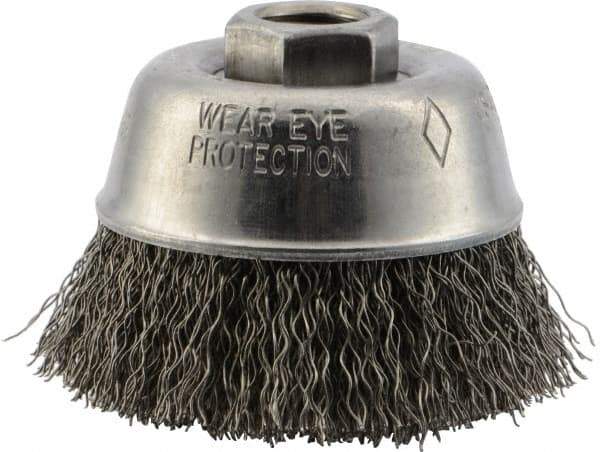 DeWALT - 3" Diam, 5/8-11 Threaded Arbor, Steel Fill Cup Brush - 0.014 Wire Diam, 13/16" Trim Length, 14,000 Max RPM - Exact Industrial Supply