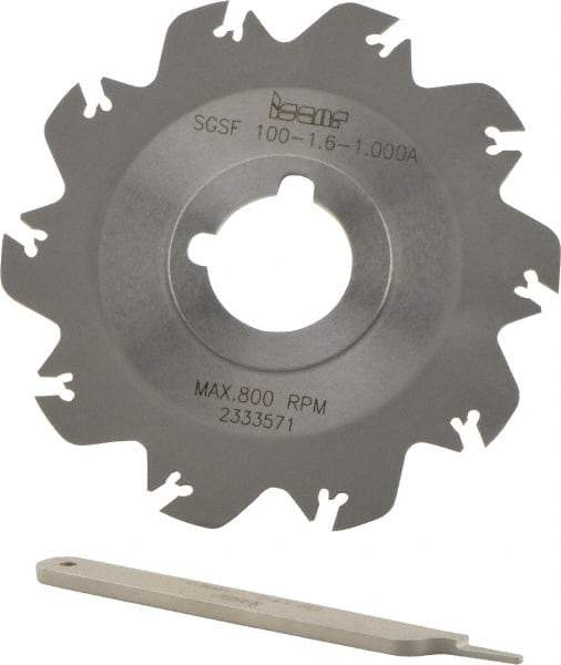 Iscar - Arbor Hole Connection, 0.049" Cutting Width, 1.18" Depth of Cut, 3.94" Cutter Diam, 1" Hole Diam, 10 Tooth Indexable Slotting Cutter - SGSF Toolholder, GSFN, GSFU Insert - Exact Industrial Supply