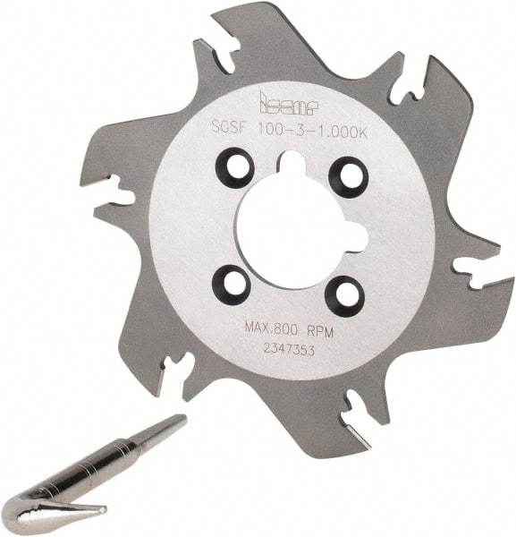 Iscar - Arbor Hole Connection, 3/32" Cutting Width, 1.04" Depth of Cut, 3.94" Cutter Diam, 1" Hole Diam, 6 Tooth Indexable Slotting Cutter - SGSF Toolholder, GSFN, GSFU Insert - Exact Industrial Supply
