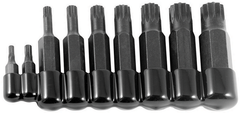 9 Piece - 4 and 5mm Bit have 5/16" Hex Drive - 6; 8; 10 and 12mm Bit have 1/2" Hex Drive - 14 and 16mm Bit have 5/8" Hex Drive - 18mm Bit has a 3/4" Hex Drive - 12 Point - Triple Square Bit Set - Exact Industrial Supply