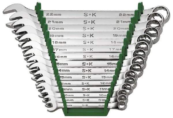 SK - 15 Piece, 8 to 22mm, Combination Wrench Set - Metric System of Measurement, Chrome Finish, Comes in Rack - Exact Industrial Supply