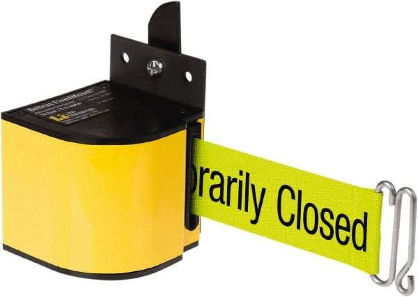 Lavi Industries - 3-1/2" High x 3-1/4" Long x 3-1/4" Wide Retractable Barrier Belt - Aluminum, Powdercoat Finish, Yellow, Use with Upright - Exact Industrial Supply