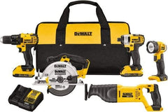 DeWALT - 20 Volt Cordless Tool Combination Kit - Includes 1/2" Compact Drill/Driver, 1/4" Impact Driver, Reciprocating Saw, 6-1/2 Circular Saw & LED Worklight, Lithium-Ion Battery Included - Exact Industrial Supply
