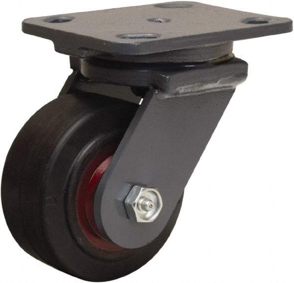 Hamilton - 4" Diam x 2" Wide x 5-5/8" OAH Top Plate Mount Swivel Caster - Rubber Mold on Cast Iron, 300 Lb Capacity, Straight Roller Bearing, 4 x 5" Plate - Exact Industrial Supply