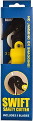 Swift Safety Cutter - Springback Safety Utility Knife - 2" Steel Blade, Yellow Nylon-6 Polyamide Handle, 6 Blades Included - Exact Industrial Supply