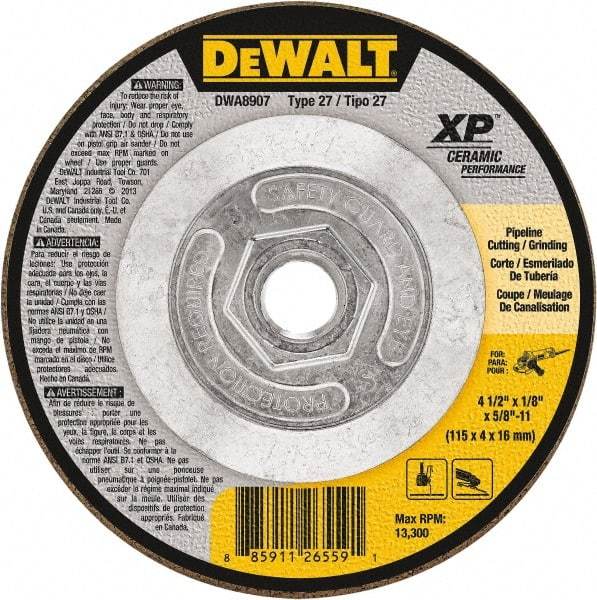 DeWALT - 24 Grit, 4-1/2" Wheel Diam, Type 27 Depressed Center Wheel - Coarse/Medium Grade, Ceramic, N Hardness, 13,300 Max RPM - Exact Industrial Supply