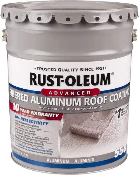 Rust-Oleum - 5 Gal Pail Aluminum Fibered Aluminum Roof Coating - 50 Sq Ft/Gal Coverage, 467 g/L VOC Content, Mildew Resistant, Long Term Durability & Weather Resistance - Exact Industrial Supply