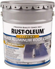 Rust-Oleum - 5 Gal Pail Aluminum Fibered Aluminum Roof Coating - 50 Sq Ft/Gal Coverage, 397 g/L VOC Content, Mildew Resistant, Long Term Durability & Weather Resistance - Exact Industrial Supply