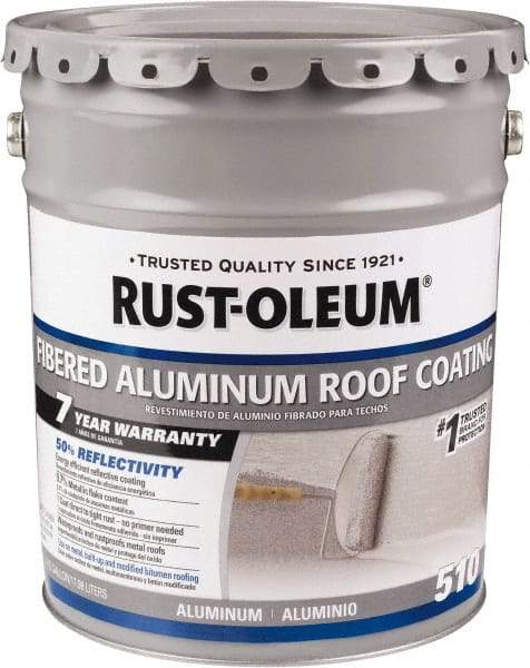 Rust-Oleum - 5 Gal Pail Aluminum Fibered Aluminum Roof Coating - 50 Sq Ft/Gal Coverage, 459 g/L VOC Content, Mildew Resistant, Long Term Durability & Weather Resistance - Exact Industrial Supply