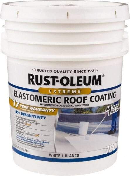 Rust-Oleum - 5 Gal Pail White Elastomeric Roof Coating - 65 Sq Ft/Gal Coverage, Mildew Resistant, Long Term Durability & Weather Resistance - Exact Industrial Supply