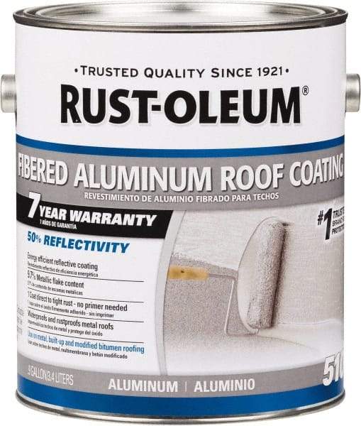 Rust-Oleum - 1 Gal Can Aluminum Fibered Aluminum Roof Coating - 50 Sq Ft/Gal Coverage, 459 g/L VOC Content, Mildew Resistant, Long Term Durability & Weather Resistance - Exact Industrial Supply