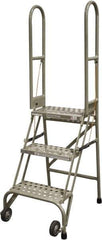 Cotterman - 60" 3 Step Rolling Warehouse Ladder - Portable Folding Safety Ladder, 350 Lb Capacity, 30" Platform Height, 21" Base Width x 28" Base Depth, Perforated Tread - Exact Industrial Supply